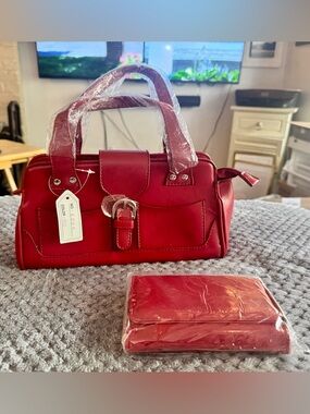 New Red Women's Satchel Handbag with Matching Wallet